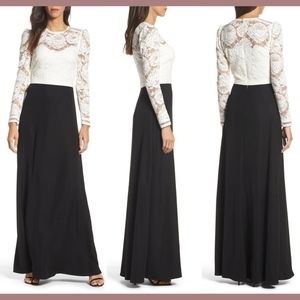 NWT Tadashi Shoji Long Sleeve Lace & Crepe Gown‎ in Black /Ivory [SZ 8 ]